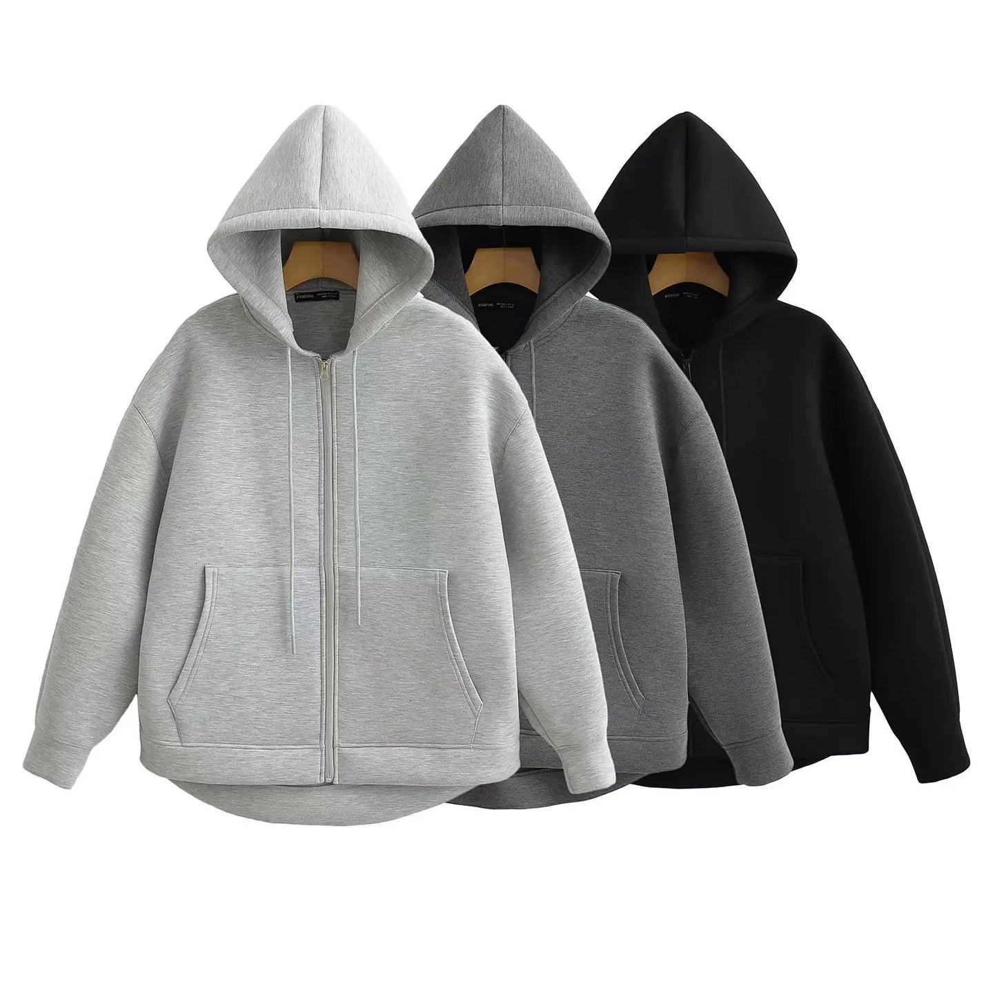 HH Autumn Women Gray Jacket With Hood Long Sleeve Big Pocket Zipper Jacket Coat Woman Loose Casual Outerwear Coat Tops