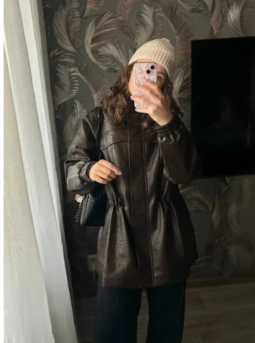 Women Fashion 2025 Fall / Autumn Pu Leather Jacket with Elastic adjustable waist Female Coat and Outerwear