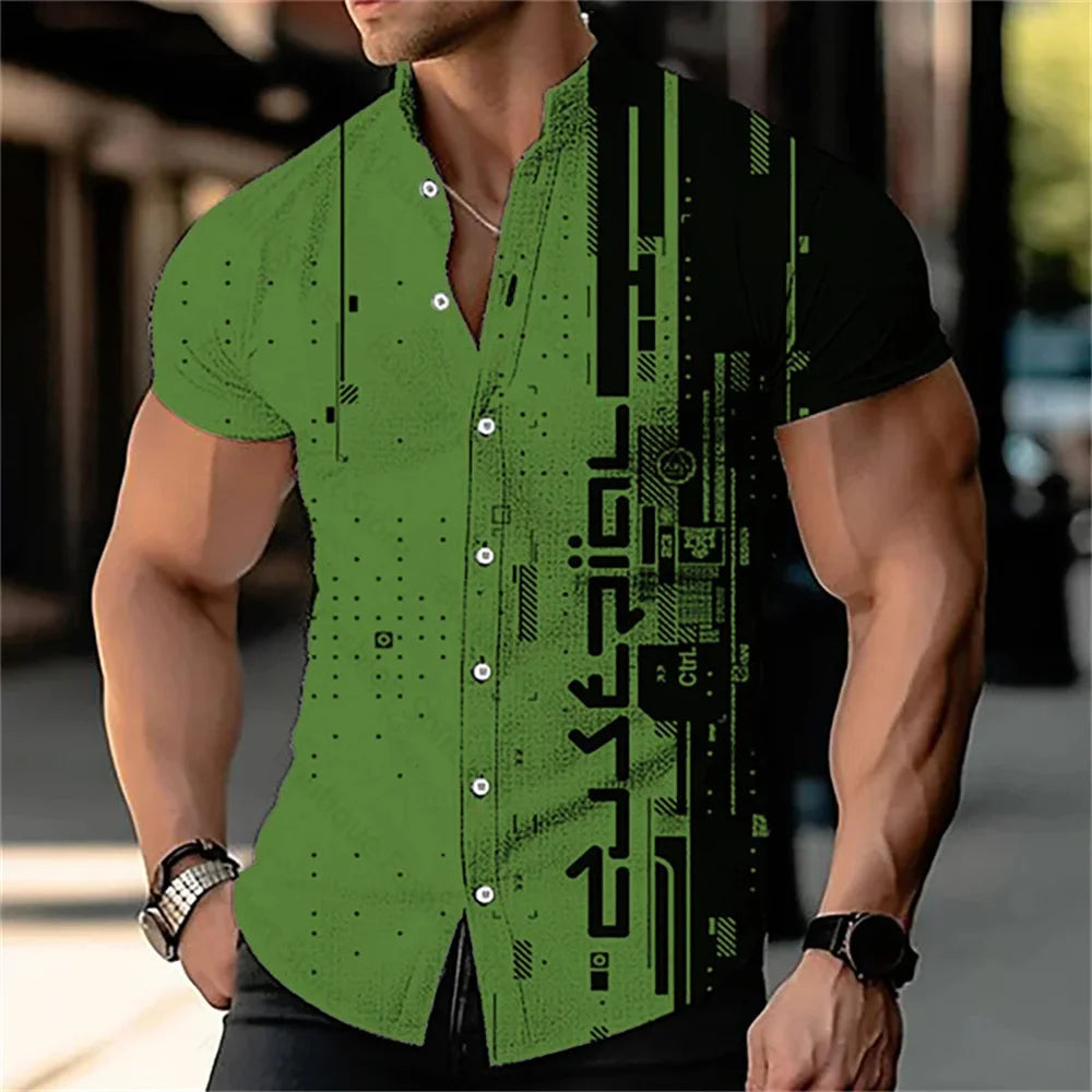 Men's 3D digital printed geometric stand up collar solid color short sleeved shirt outdoor casual fashion street men's clothing