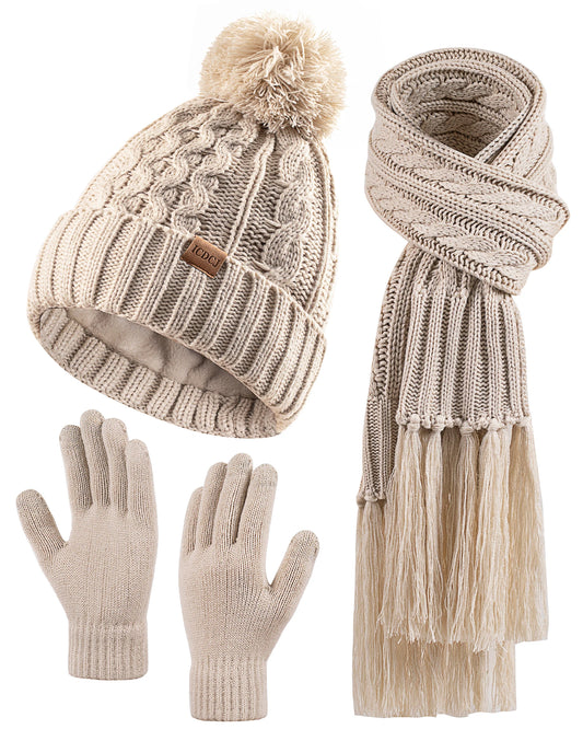 Women Winter Knit Beanie Hat+Touchscreen Gloves+Long Scarve 3 in 1 Set Gift for Women Girls