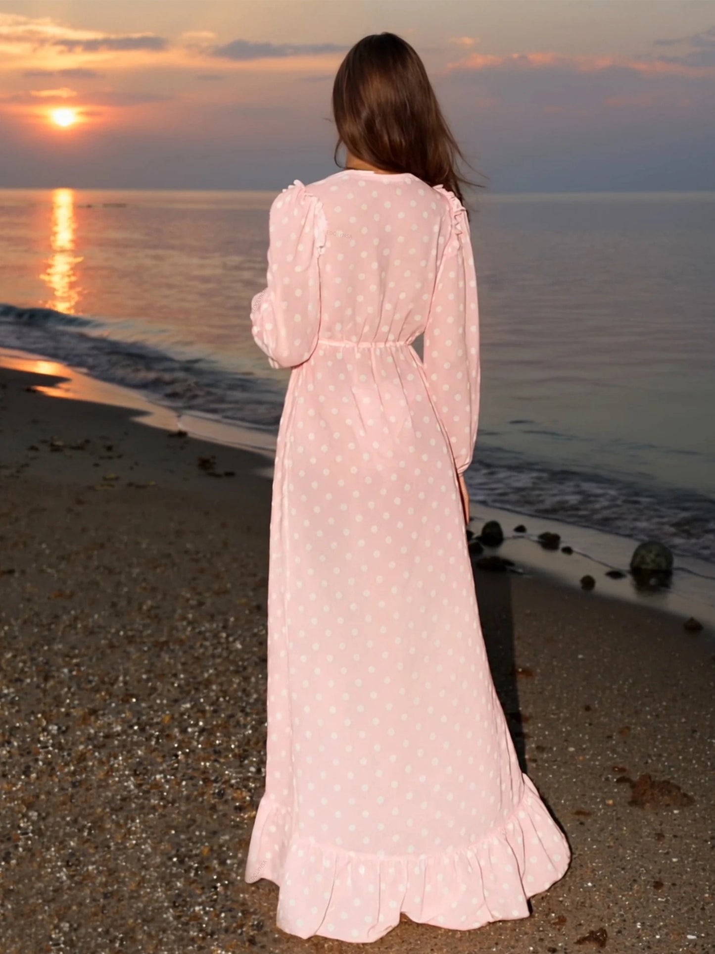 2025 Summer Elegant Pink Dot Print Sexy Women Swimsuits Lace-up Bell Sleeve Beach Vacation Swimsuit Cover Ups Dresses K197
