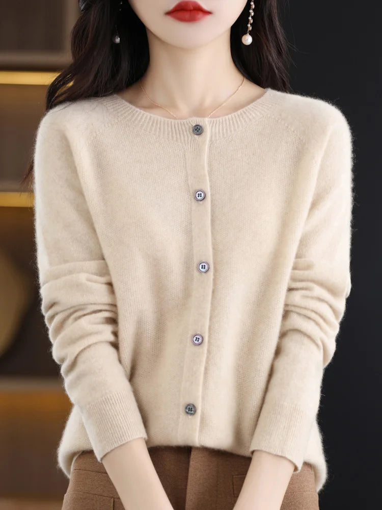 Long Sleeve 100% Merino Wool Sweaters Cashmere Cardigan Spring Autumn Women O-Neck Knitwear Tops Clothing Fashion Basic Tops