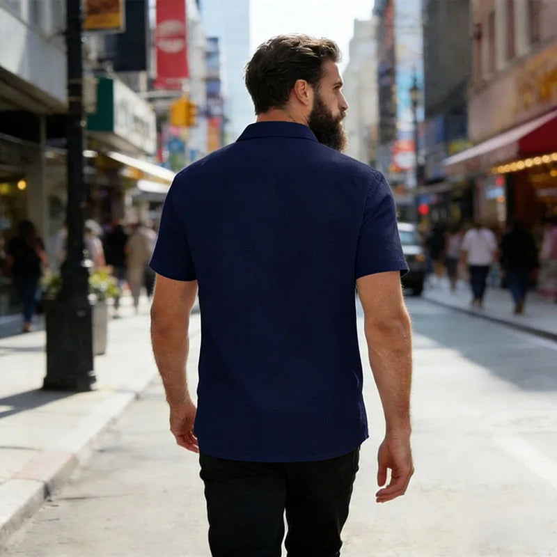 Men's Casual Linen Blend Shirt Short Sleeve Turn Down Collar Button Up Lightweight Breathable Beach Tunic Tops