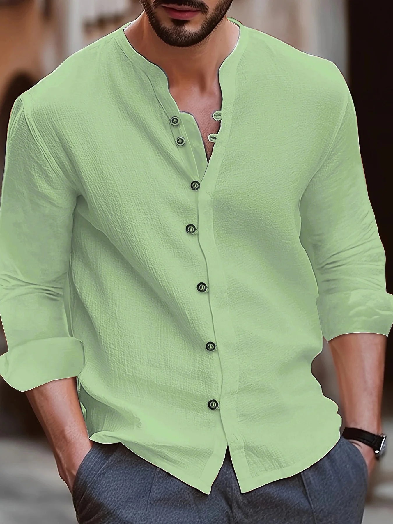 Men's shirts, stand-up collar shirts, fashionable and casual slim fit, solid color men's tops, outdoor shopping clothing S-3XL