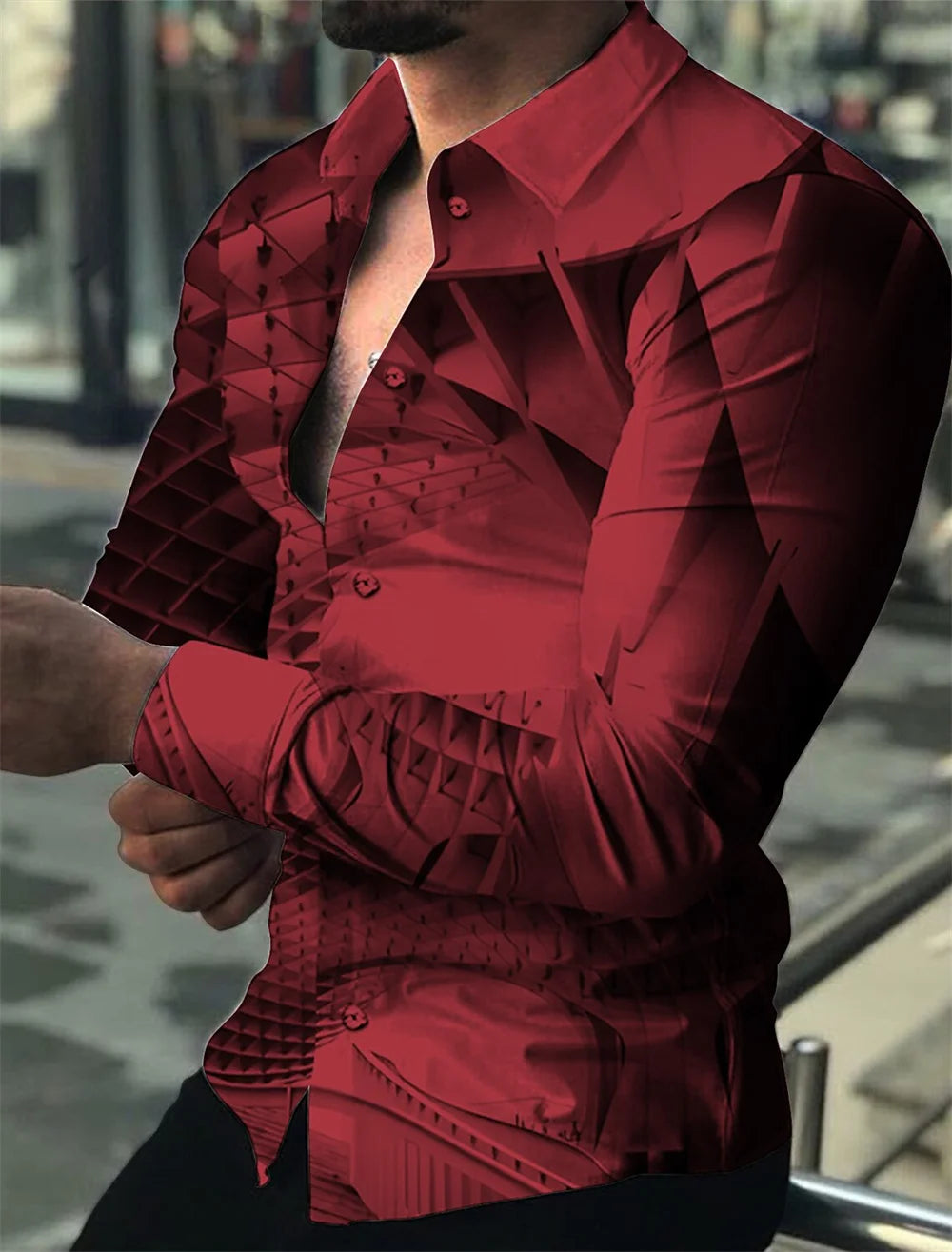 Men's shirt with gold pattern print, white, black, red long sleeved lapel button up shirt, fashionable casual top, plus size