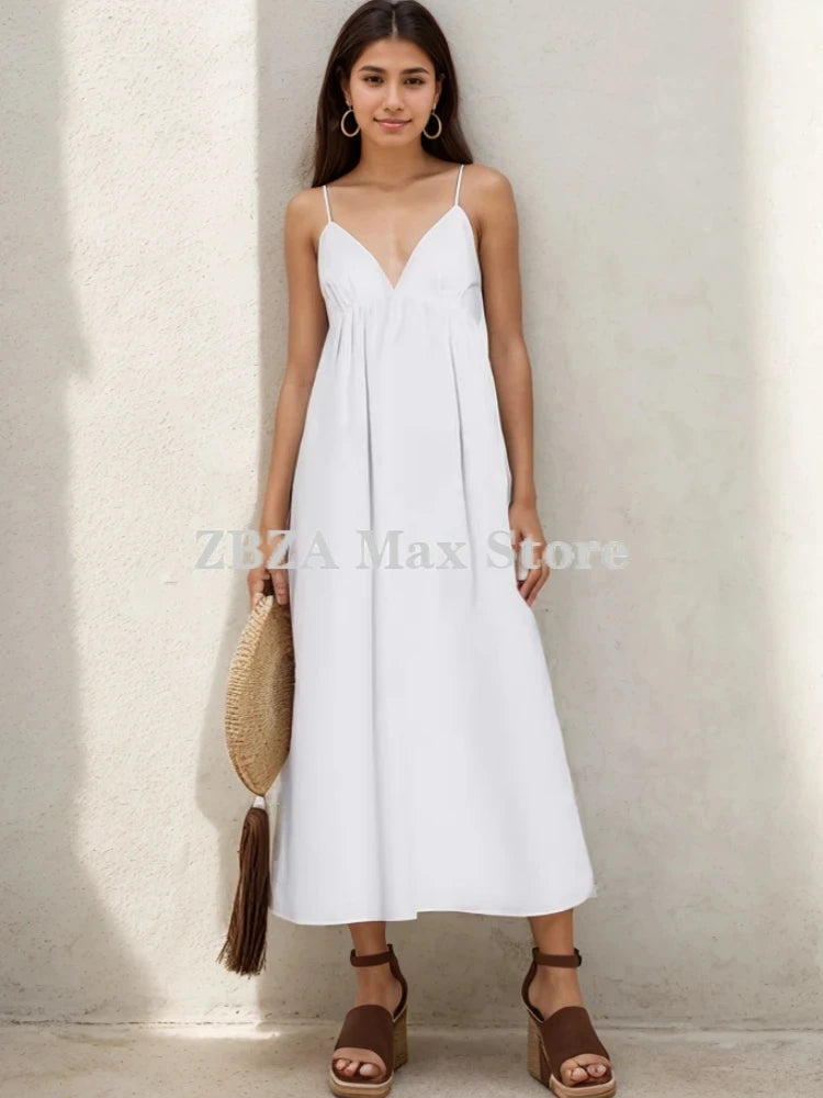 Women's Backless Midi Dress Waistband V Neck Solid Pullover High Waisted Loose Fitting Camisole A-line Skirt New Chic Dress