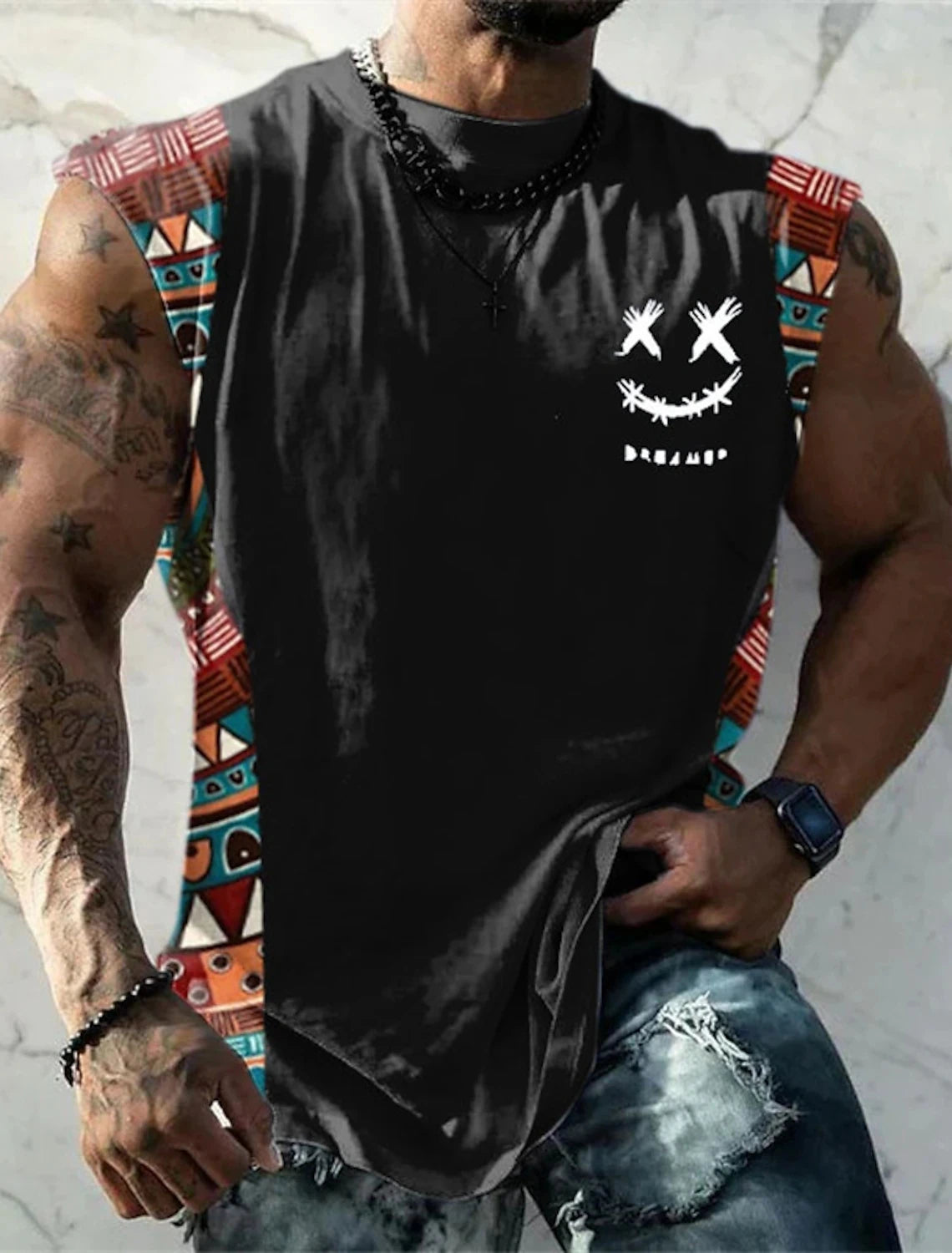 Summer New Men's Vest T Shirt Patterned Tribal Round Neck Clothing Daily Fitness Sports Vintage Sleeveless Printed Ethnic Tops