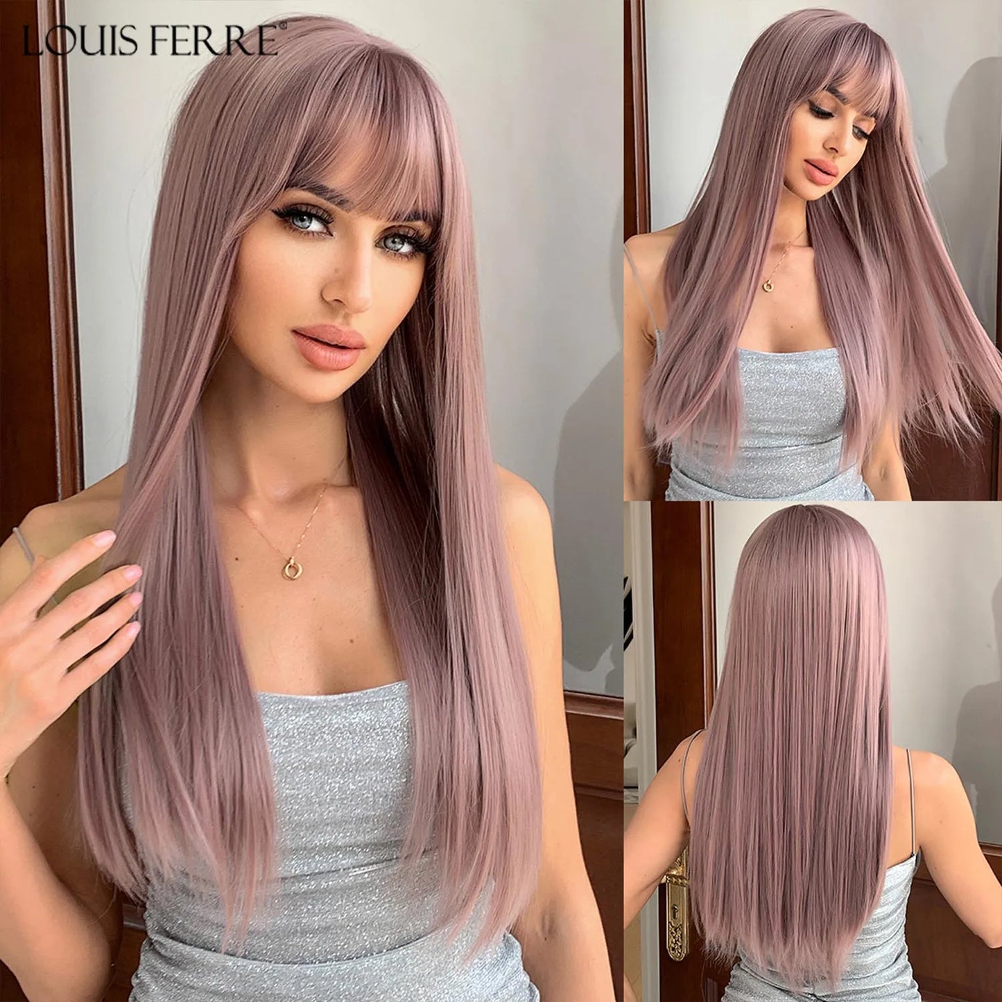 LOUIS FERRE Black Pink Ombre Synthetic Wigs for Cosplay Long Straight Layered Wigs with Bangs for Women Heat Resistant Fake Hair