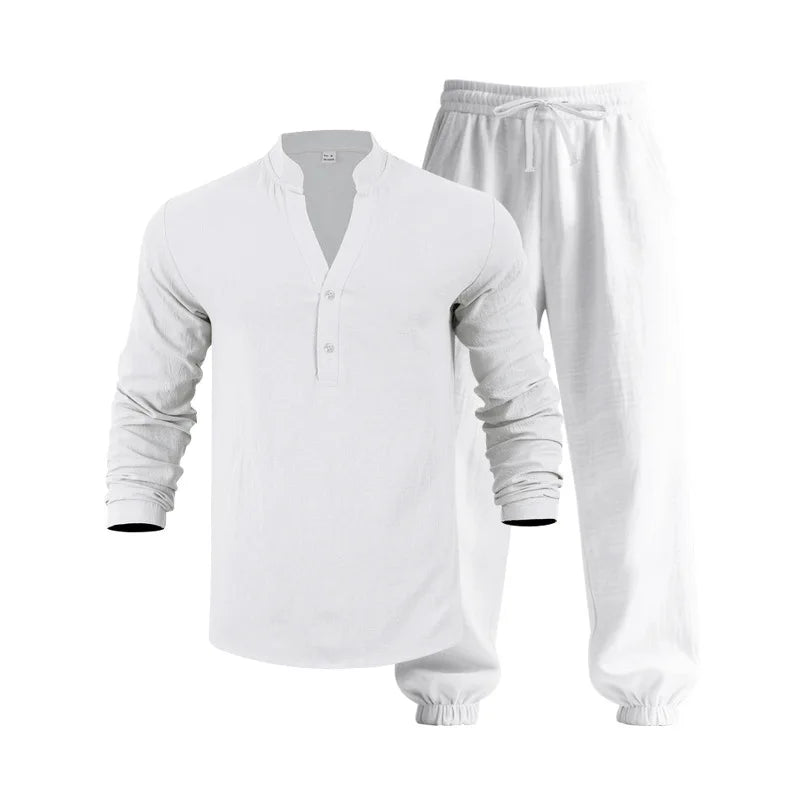 American loose linen set for men autumn Hawaiian home commuter thin Henry shirt long sleeve pants set