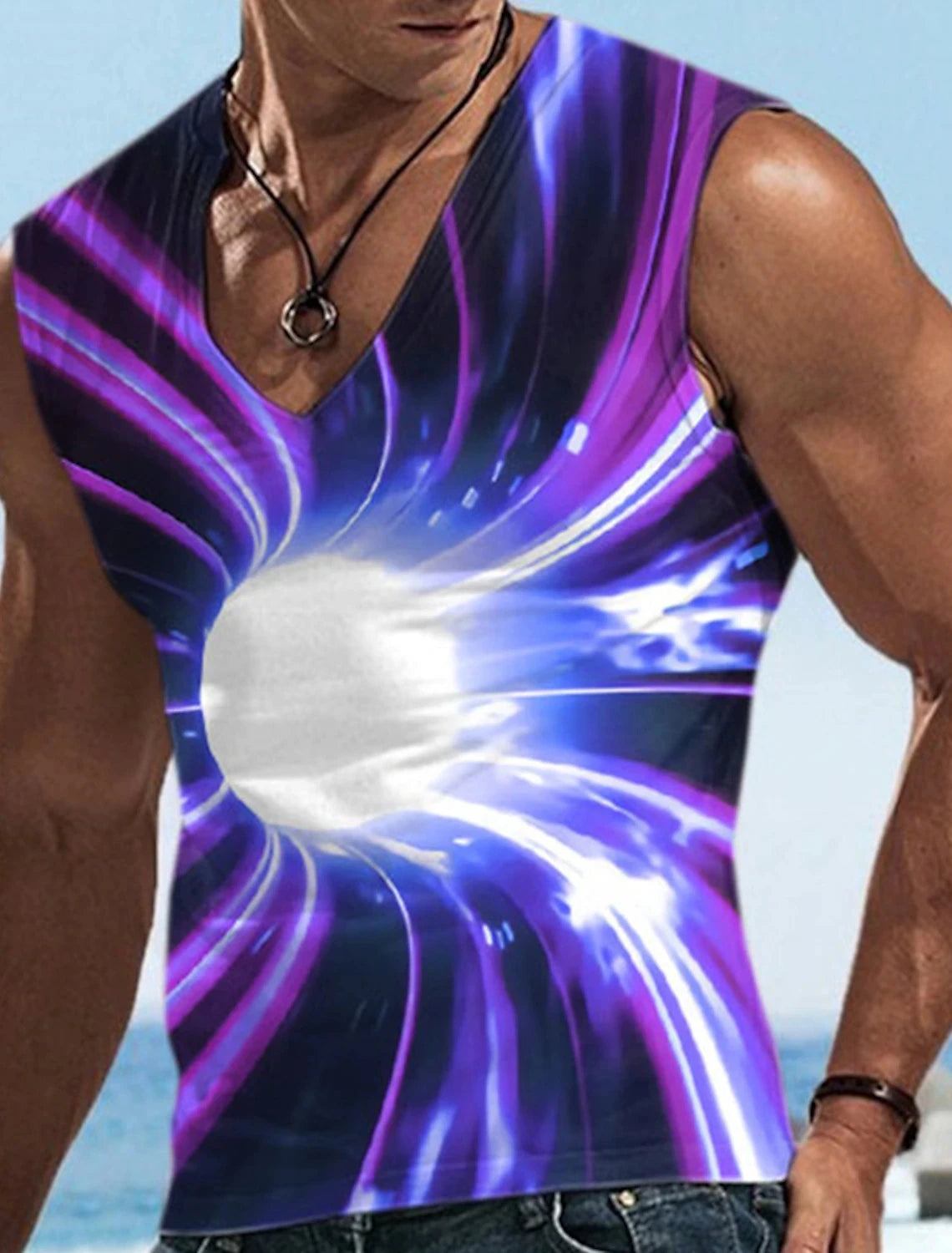 Men\'s Vest Sleeveless T Shirt Patterned Spliced Flame Shirt Casual Muscle V Neck Clothing 3D Printed Sports Running Fitness