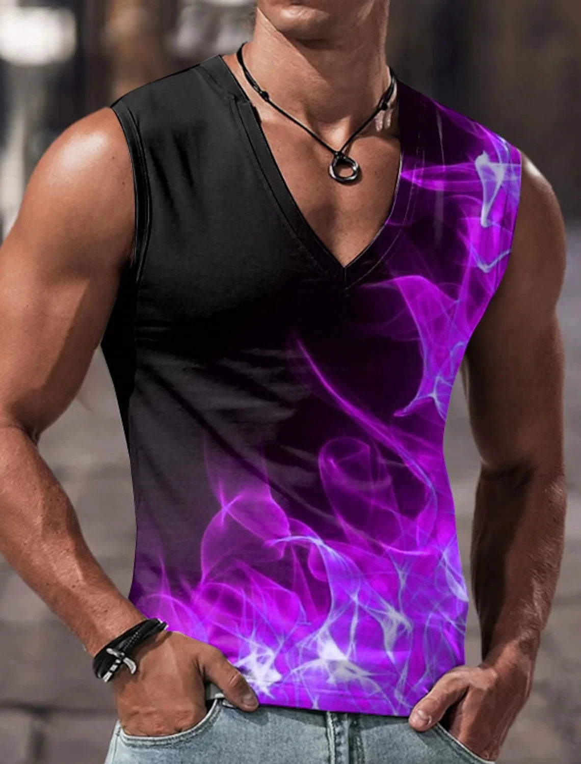 Men\'s Vest Sleeveless T Shirt Patterned Spliced Flame Shirt Casual Muscle V Neck Clothing 3D Printed Sports Running Fitness