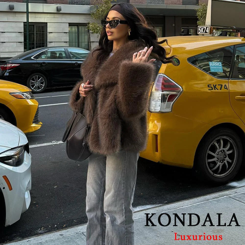 KONDALA Casual Brown Thick Fur Jackets Women Long Sleeve V Neck Autumn Winter Faux Fur Coats Fashion 2025 Streetwear Outwears