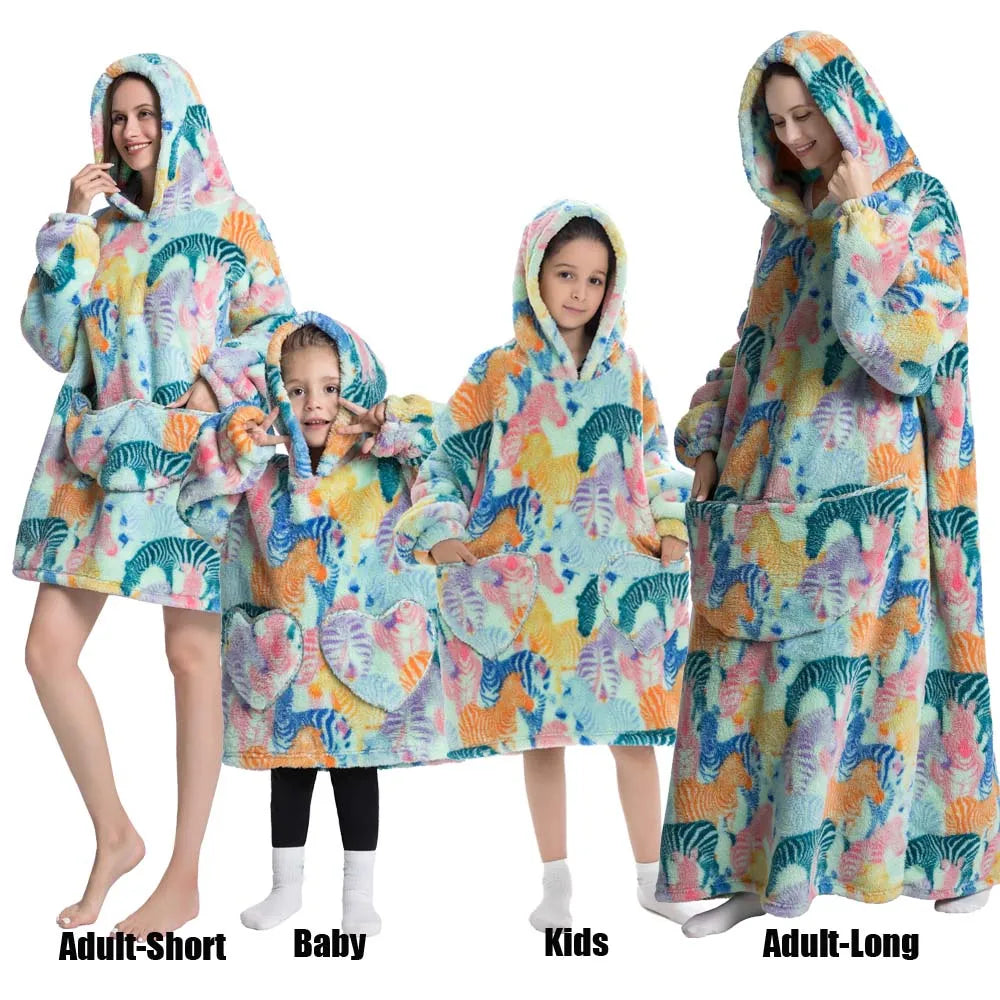 Extra Long Winter Hoodies Sherpa TV Blanket Plush Fleece Family Matching Outfits Sweatshirts Avocado Dinosaur Homewear Oversized