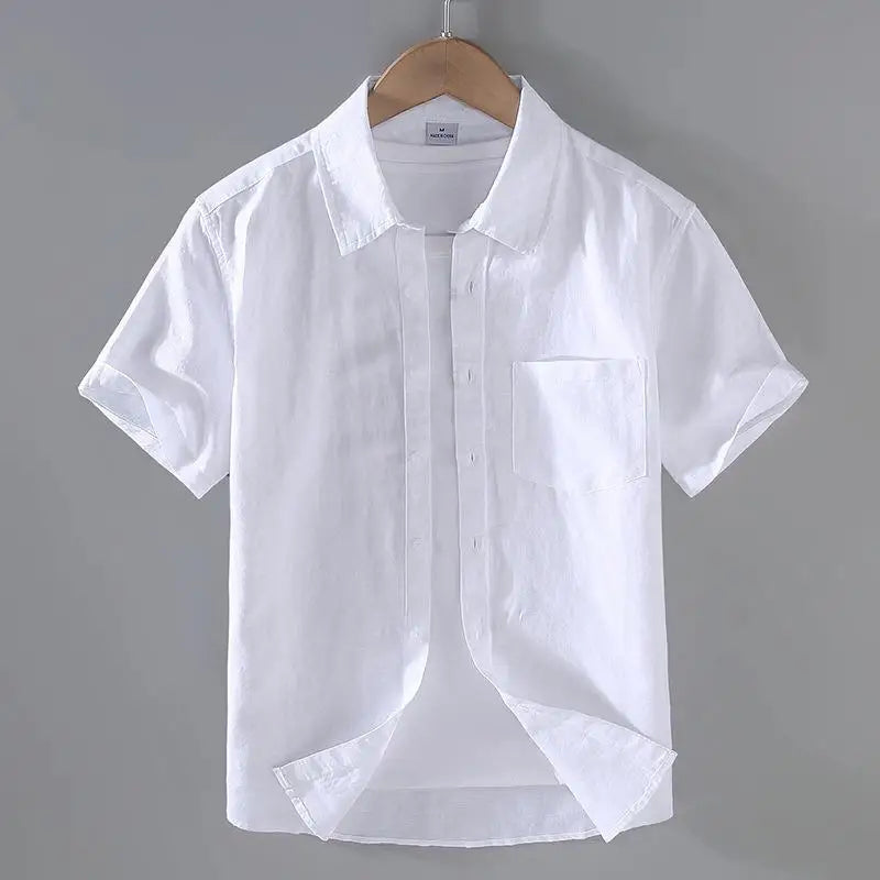 Men's Cotton Linen Short-Sleeved Shirt Summer Streetwear Plain Color Stand Collar Casual Beach Style plus Size M-3XL