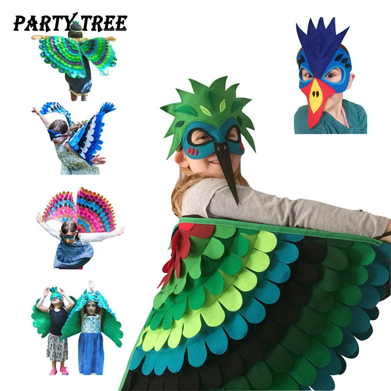 Kids Cosplay Costume Stage Performance Owl Peacock Wings Bird Felt Cape with Mask for Girls Boys Halloween Party Cloak