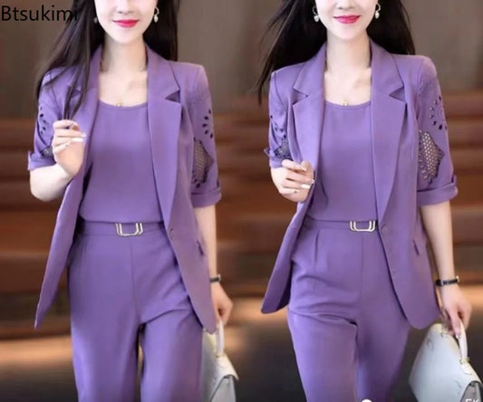 2026 Women's Three-piece Suit Sets Slim Fit Elegant Jacket+Vest+Pants Sets Solid OL Style Business Office Matching Sets Outfits