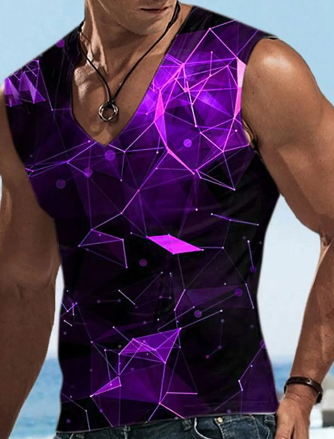 Men\'s Vest Sleeveless T Shirt Patterned Spliced Flame Shirt Casual Muscle V Neck Clothing 3D Printed Sports Running Fitness