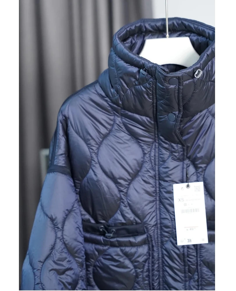 Quilted coat for women ETJ 2025 QUILTED JACKET WITH TIES new beige drawstring high neck pocket clip cotton jacket for women