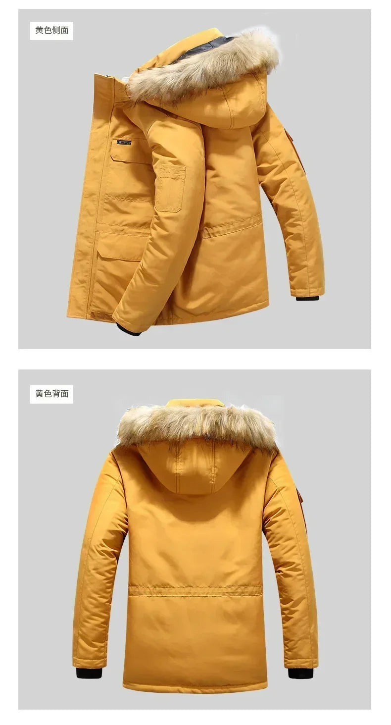 Fleece Winter Fur Hooded Parkas Men Duck Down Snow Jacket Windproof Coats Thickened -30 Degree Keep Warm Outdoor Outerwear