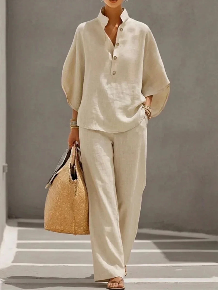 Fashion Cotton Linen Button Stand Collar 9 Quarter Sleeves Loose Women's 2-piece Suit Spring Casual Wide Leg Pants Suit Female