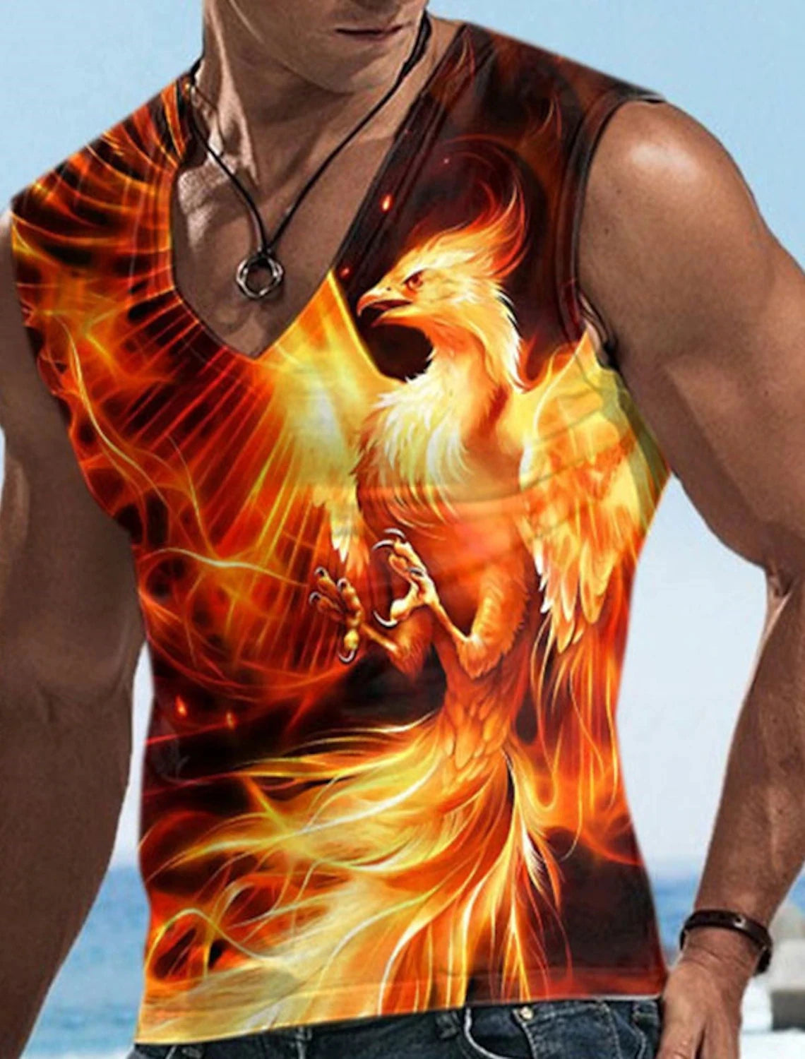 Men\'s Vest Sleeveless T Shirt Patterned Spliced Flame Shirt Casual Muscle V Neck Clothing 3D Printed Sports Running Fitness