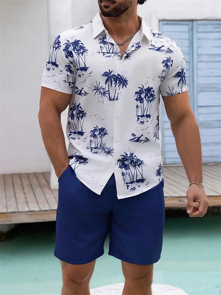 Men's Hawaii Shirt Set Men's 3D Printed Short Sleeve Shirt Shorts Two Piece Summer Beach Lapel Shirt Set Unisex Casual Clothing