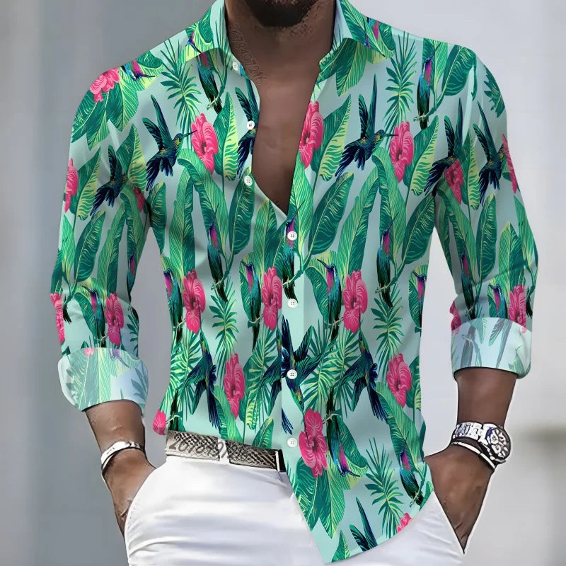 2026 New Hawaiian Style Coconut Tree Print Long-Sleeve Shirt, Stylish Print Men's Casual Vacation Loose Collar Hawaiian Shirt