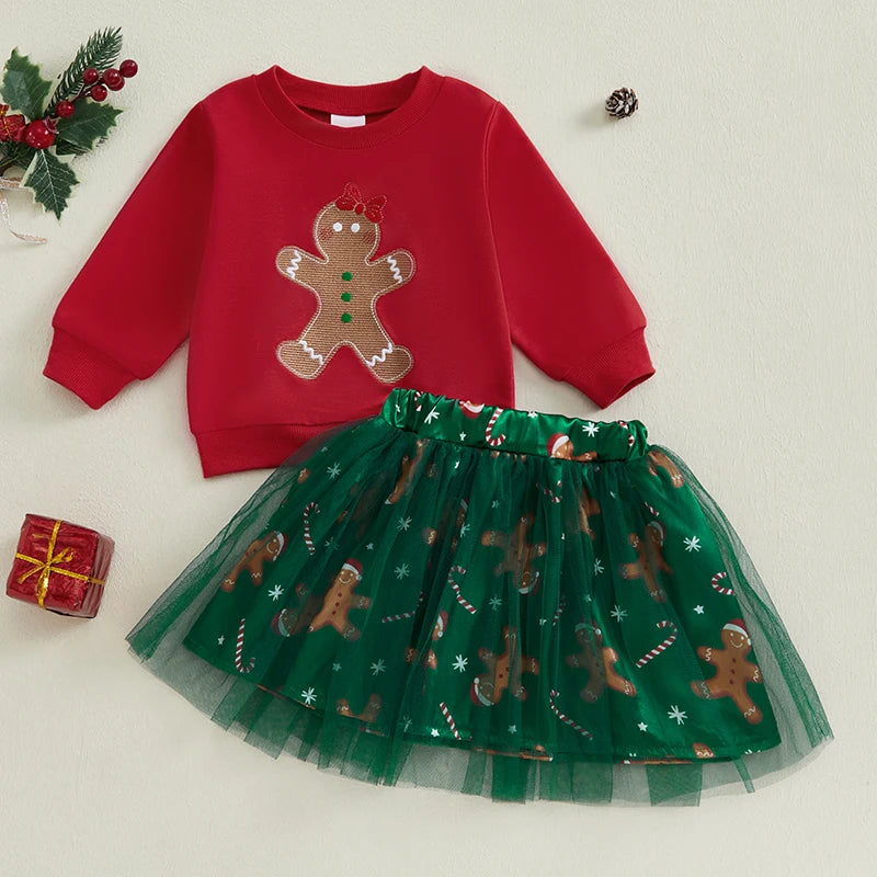 Infant Girls 2-Piece Holiday Set with Long Sleeve Gingerbread Sweatshirt and Tulle Skirt - Festive Baby Clothing for Christmas