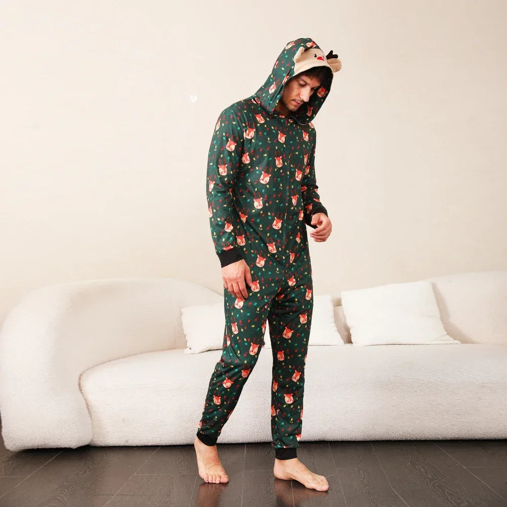 Christmas Gift Mother Father Kids Matching Outfits Cute Deer Ear Hooded Romper Overall Soft Loose One-Piece Pajamas Family Look