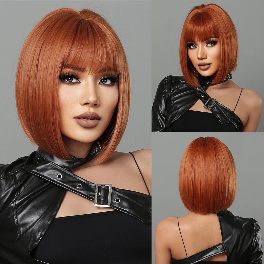 ALAN EATON Layered Synthetic Wigs with Bangs Straight Short Highlights Blonde Hair Wig with for Women Natural Daily Cosplay Wigs