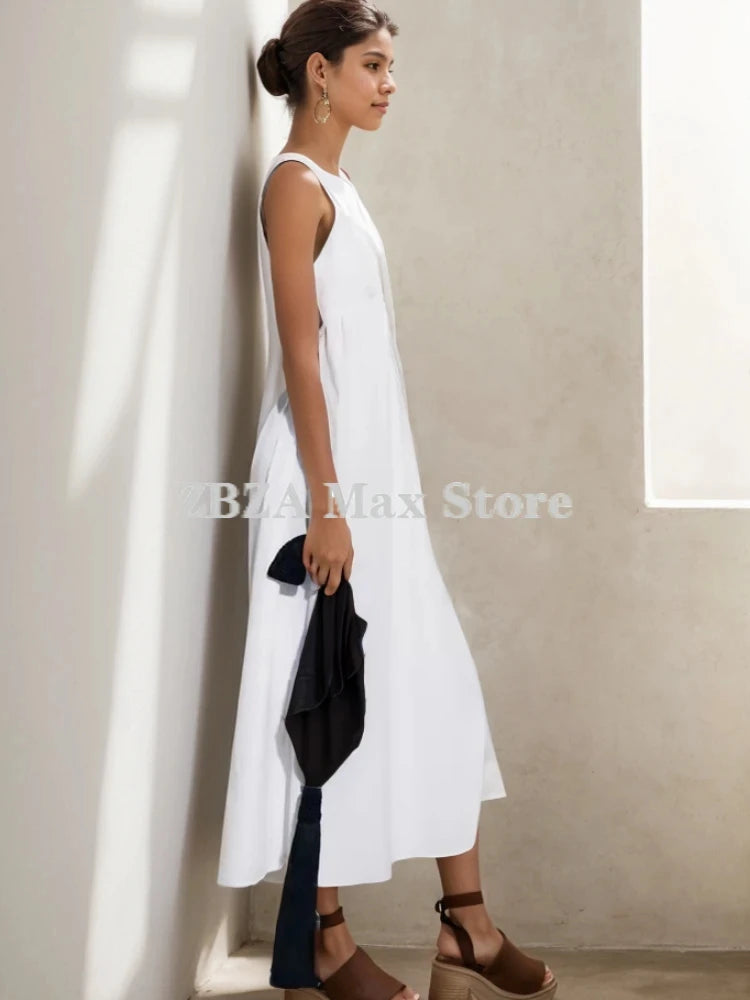 Women's Backless Midi Dress Waistband V Neck Solid Pullover High Waisted Loose Fitting Camisole A-line Skirt New Chic Dress