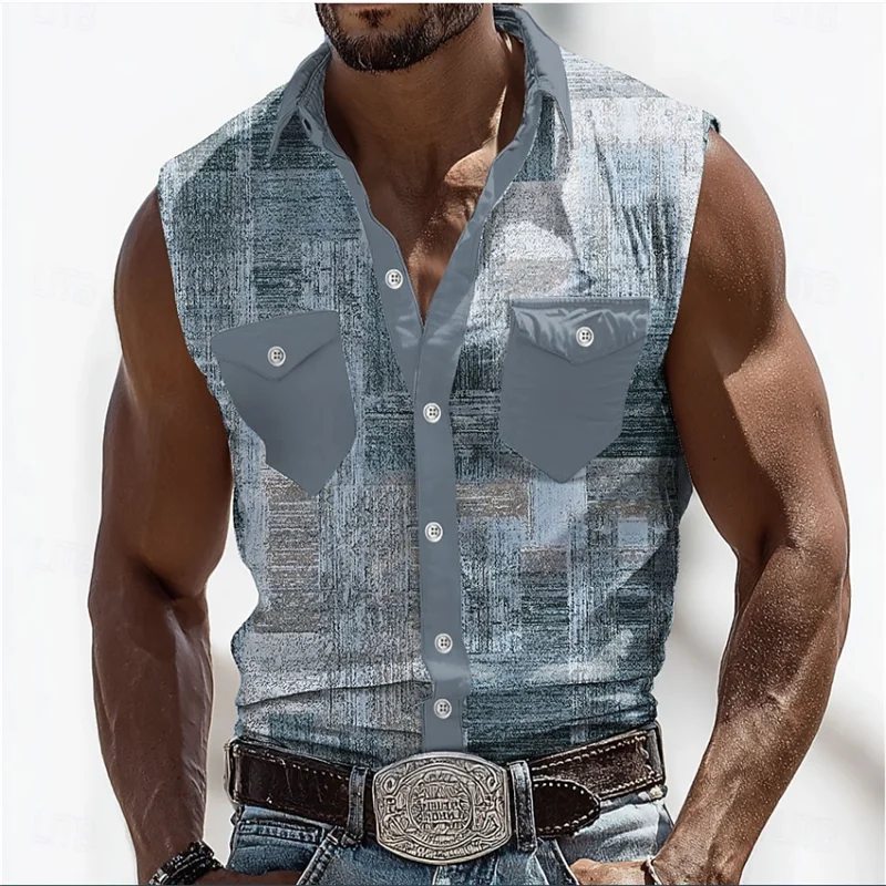 New Hawaiian Men's Sleeveless Shirt Coconut Print Simple Fashion Breathable Shirt Flap Collar Shirt