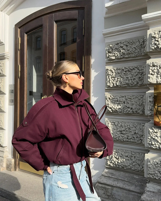 Fashion Wine Red Zipper Loose Overcoat Women Chic High Collar Long Sleeve Lace Up Elastic Waist Jacket Female Commute Daily Coat