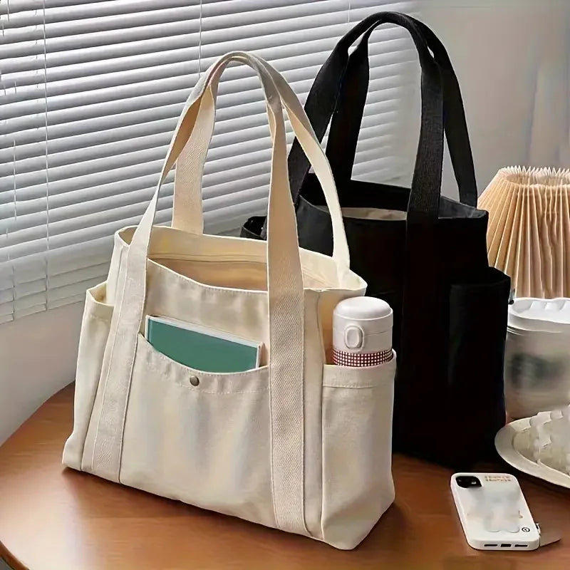 1Pcs Large Capacity Canvas Tote with Multiple Pockets-Perfect for School/work Commute/travel and Shopping Bags on One Shoulder
