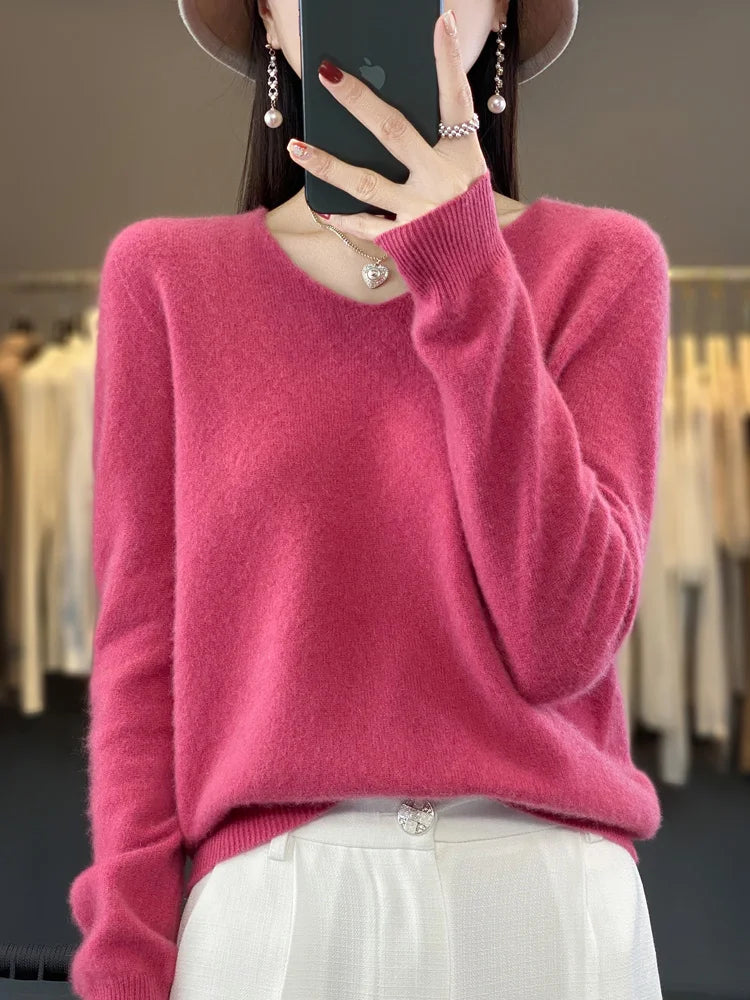 Fashion100% Merino Wool Sweater Cashmere  Pullover Women Knitwear V-Neck Long Sleeve  Autumn Winter Fashion Basic Clothing  Tops