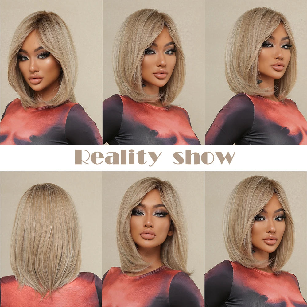 ALAN EATON Layered Synthetic Wigs with Bangs Straight Short Highlights Blonde Hair Wig with for Women Natural Daily Cosplay Wigs