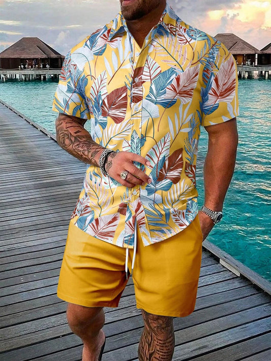 Men's Tropical Floral Hawaiian Shirt Short Sleeve Button Down with Vivid Hibiscus and Palm Leaves Print Summer Casual Beach Wear