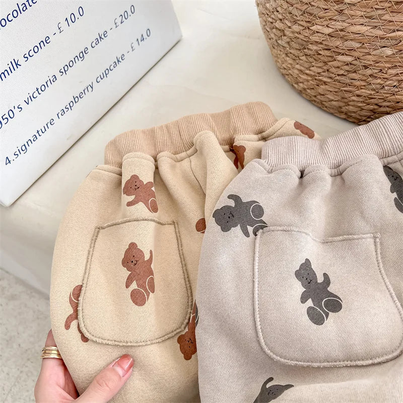 Winter Boys and girls cartoon bears inner fleece sweatpants Children thicken warm loose Trousers