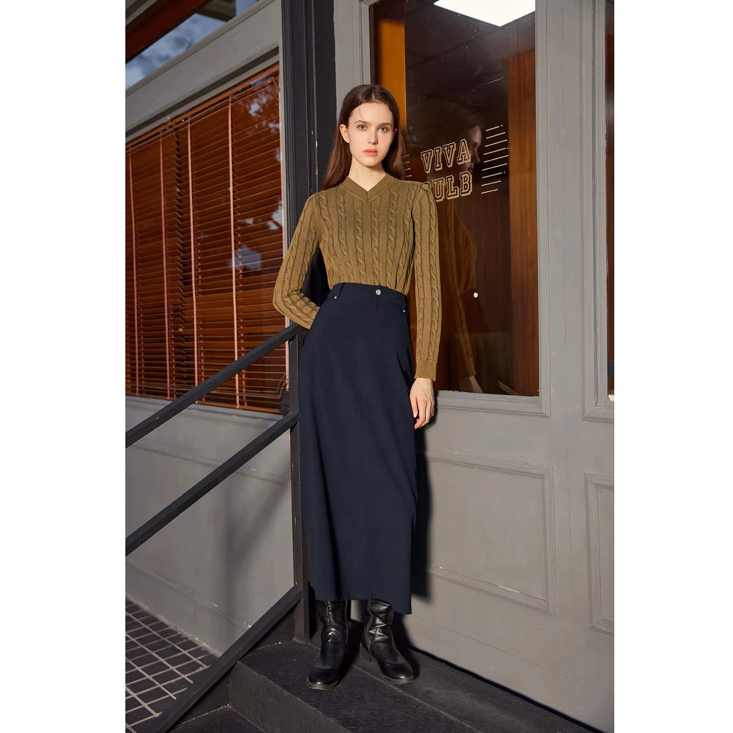 AP 2026 Women Washed Sweater Autumn and Winter Cable Sweater Stretch Skirt and Fashion Leather Skirt