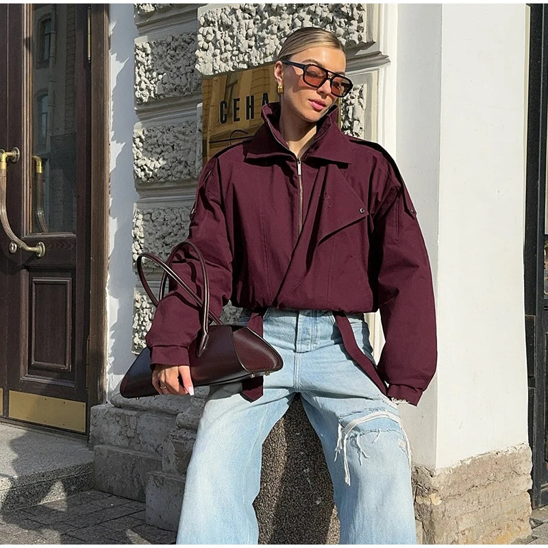 Fashion Wine Red Zipper Loose Overcoat Women Chic High Collar Long Sleeve Lace Up Elastic Waist Jacket Female Commute Daily Coat