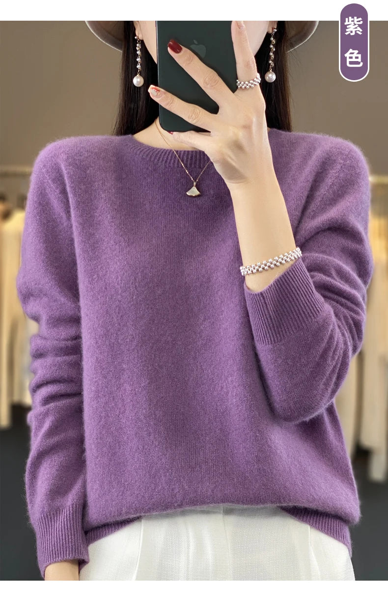 100% Merino Wool Sweater Women O-neck Cashmere Knitwear Female Pullover Autumn Winter Casual Tops Solid Color Soft  Clothing
