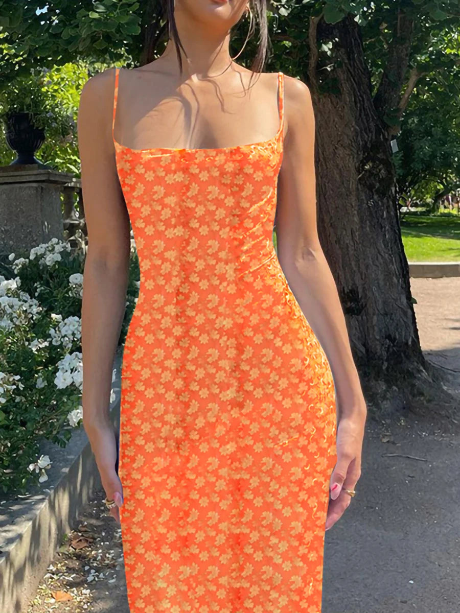Women Elegant Dress Sexy Spaghetti Strap Sleeveless Backless Slim Fit Floral Printed Long Dresses Summer Bodycon Dress Y2K