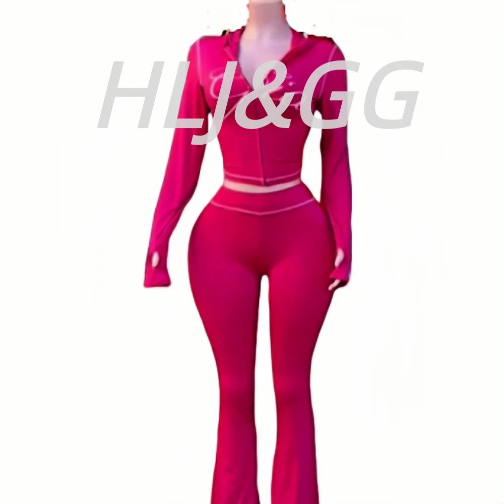 HLJ Fashion Ins Letter Print Hooded Two Piece Sets Women Zipper Long Sleeve Crop Top And Skinny Pants Outfit Y2K 2pcs Streetwear