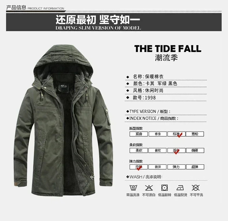 Parkas Coat Military Windproof Hooded Jackets Man Washed Cotton Thick Fleece Casual New  Winter Warm Varsity Jacket Men