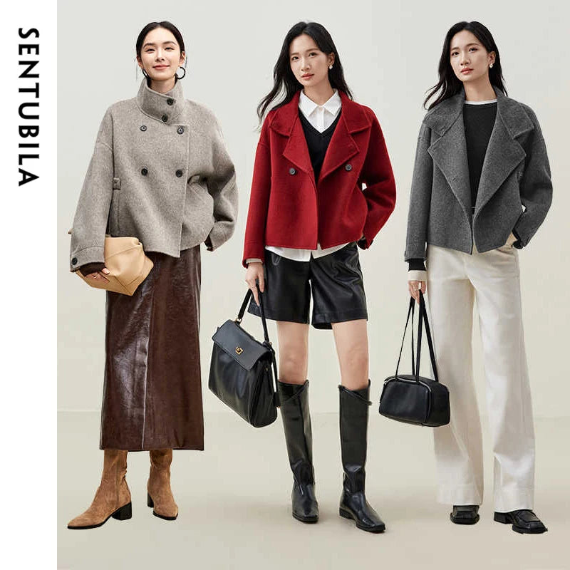 SENTUBILA 100% Wool Coats For Women Winter Jackets 2025 Stand Turtleneck Double Sided Short Outerwears Female Clothes W44O56626