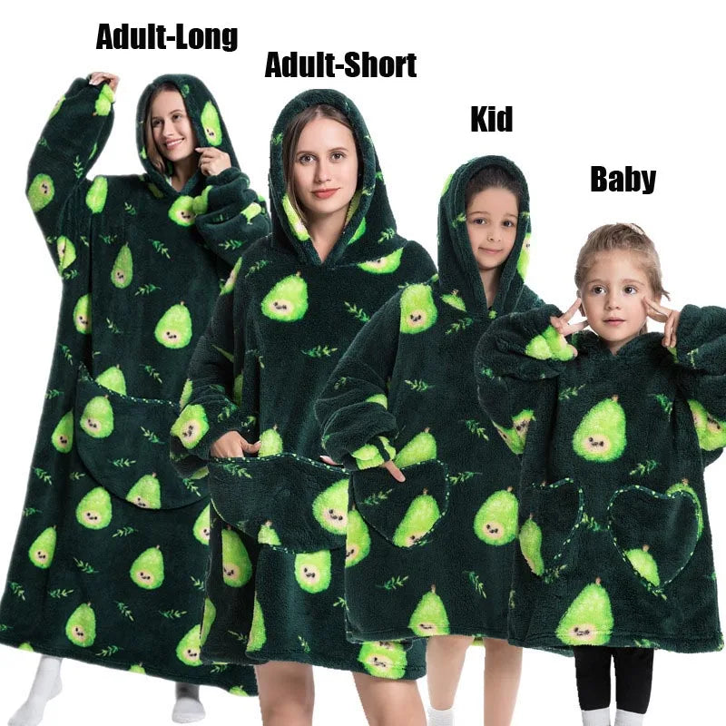 Extra Long Winter Hoodies Sherpa TV Blanket Plush Fleece Family Matching Outfits Sweatshirts Avocado Dinosaur Homewear Oversized