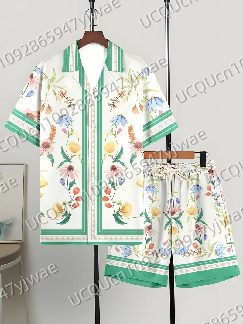 Summer Hawaiian Vintage Flowers Print Men's Short Sleeved Women's Blouses Beach Shirt +Shorts Button Shirt Set Men Clothes