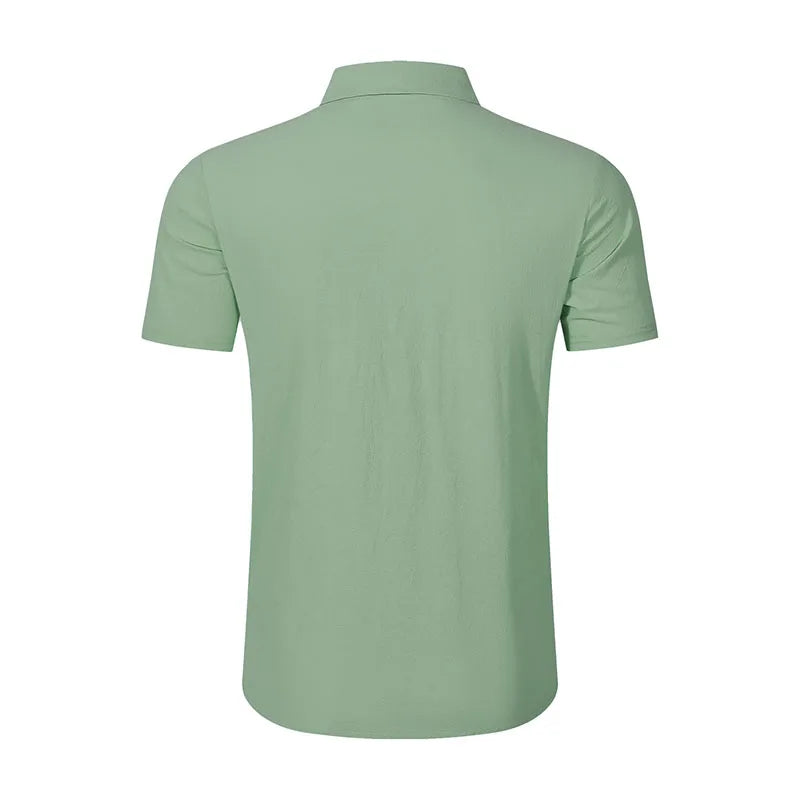 Men's Casual Linen Blend Shirt Short Sleeve Turn Down Collar Button Up Lightweight Breathable Beach Tunic Tops