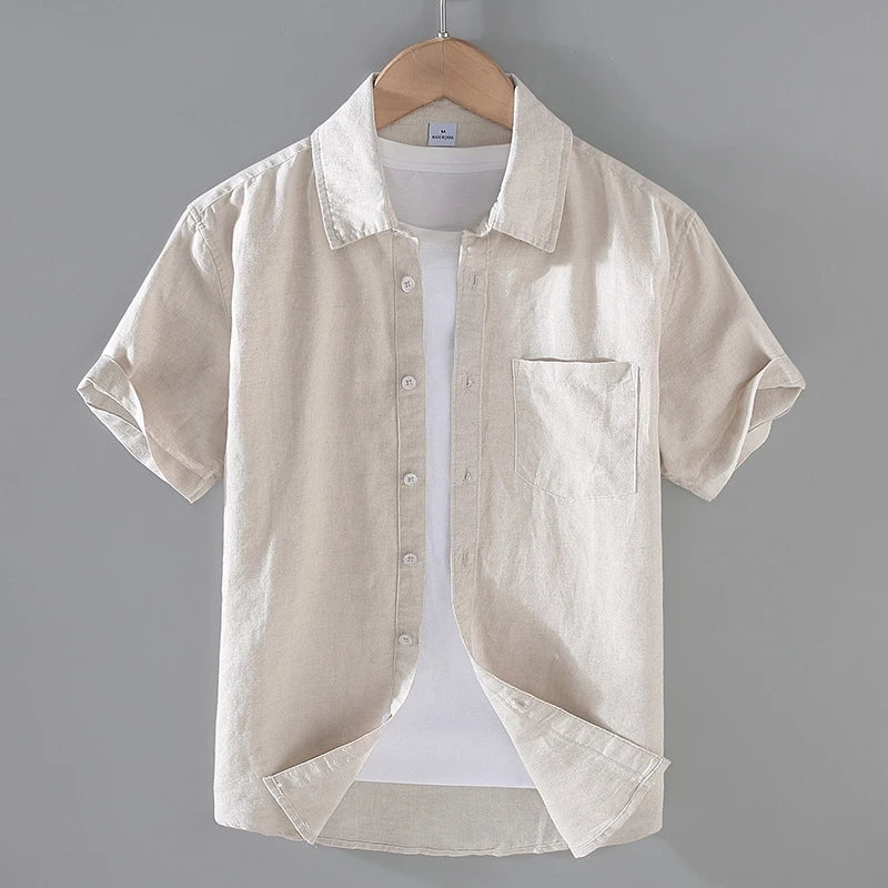 Men's Cotton Linen Short-Sleeved Shirt Summer Streetwear Plain Color Stand Collar Casual Beach Style plus Size M-3XL