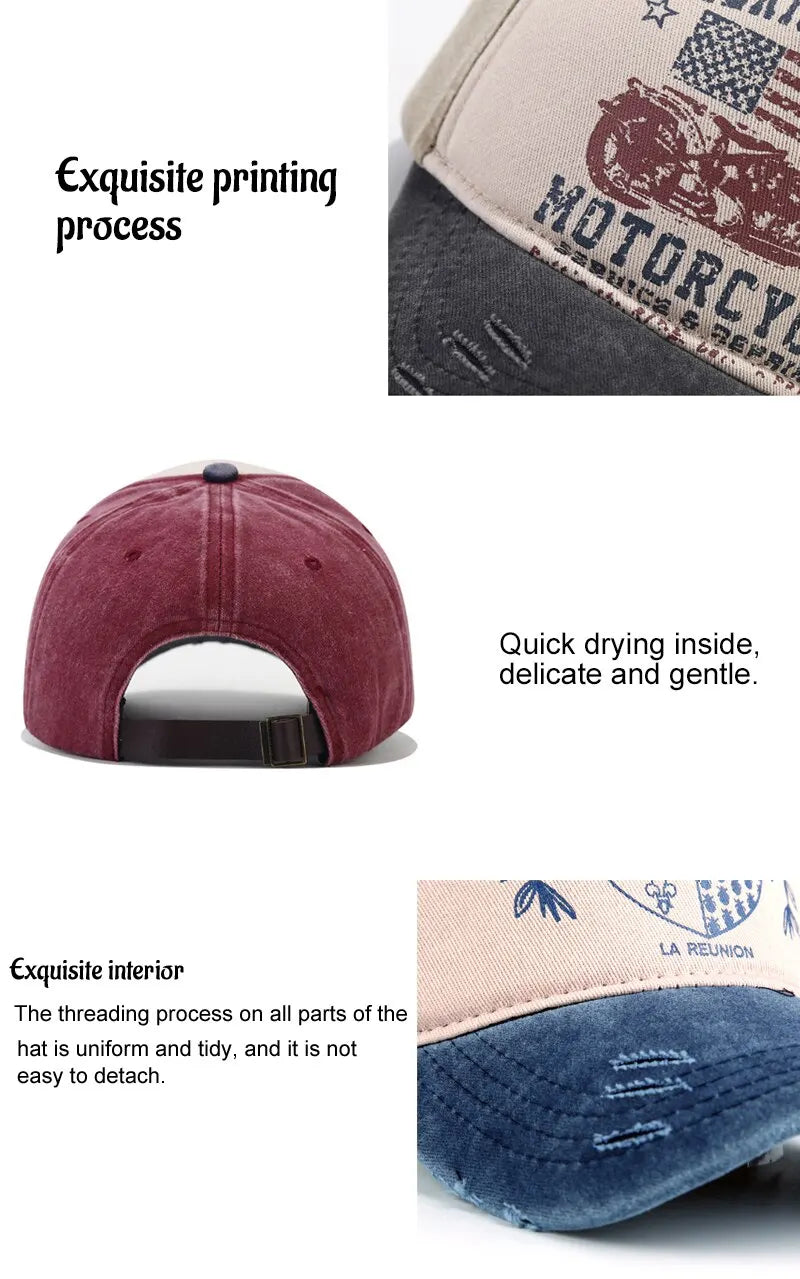 Fashion Trend Printing Motorcycle Truck Caps Washed Cotton Baseball Cap Mens Sun Hat Hip Hop Caps Cool Outdoor Hats